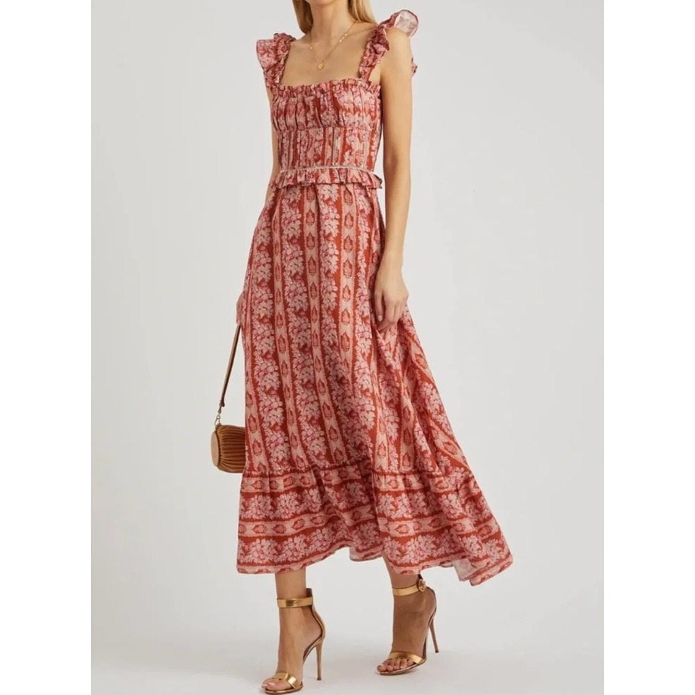 House of Harlow 1960 Floral Ruffle Maxi Dress Medium Terracotta Boho Cottagecore